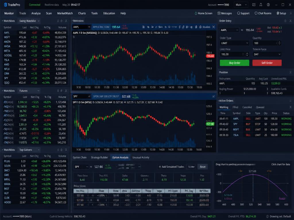 Trader Workstation mit Charts, Watchlist und Ordereingabe